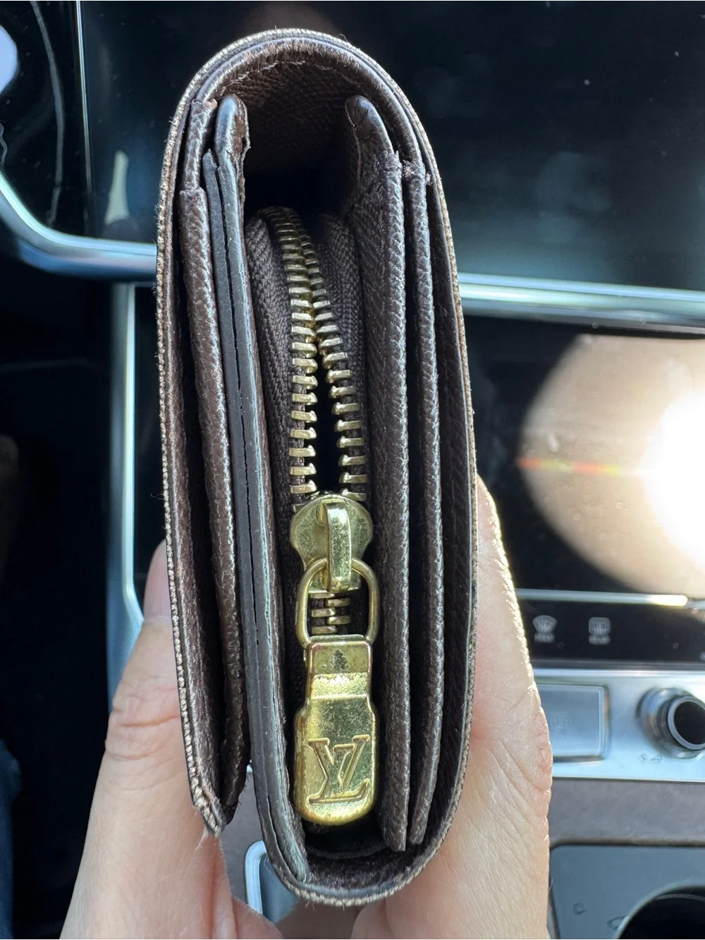 Authentic Louis Vuitton Brown Leather Zip Wallet with Gold LV Zipper Pull